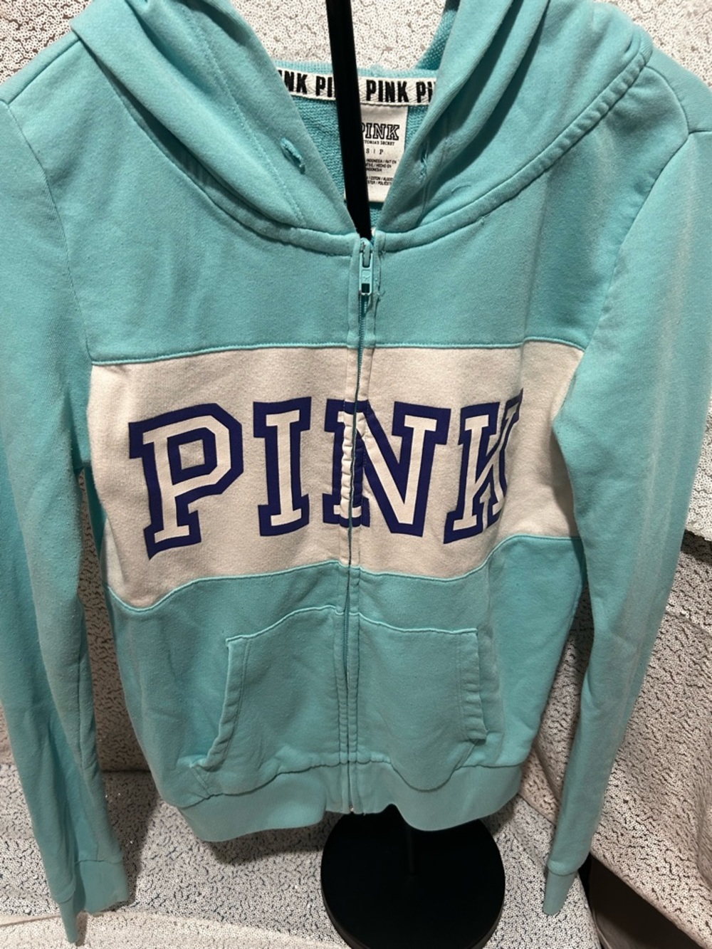 Victoria's Secret PINK Aqua Zip Hoodie with White Trim